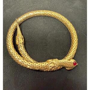 Vintage DL Auld Gold-Tone Mesh Snake Necklace, Red Rhinestone Eyes